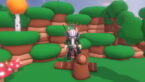 Roblox Omega Rarities 2 Avatar Wearing Silver Helmet Black Clothing With Two Giant Swords On Back Standing On Wooden Log Piles Near Bushes And Trees