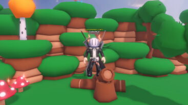 Roblox Omega Rarities 2 Avatar Wearing Silver Helmet Black Clothing With Two Giant Swords On Back Standing On Wooden Log Piles Near Bushes And Trees
