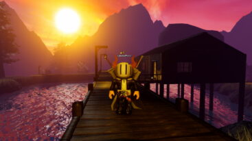 Roblox Ophelia Avatar Wearing Silver Helmet Black Clothes Two Swords On Back Standing On Pier With Wooden Cabin Water Underneath With Mountain And Sun Setting In Back