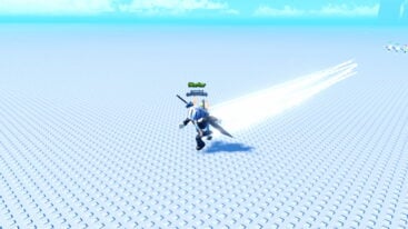 Roblox Outrun A Speedster Avatar Wearing Silver Helmet Black Clothes Two Giant Swords Running Extremely Fast In The Middle Of Nowhere With A Green Trial Behind