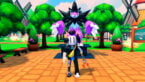 Roblox Pet Trainer Evolution Avatar Wearing Silver Helmet And Claw Arm Standing Before Statue Of Giant Pink Fur White Clawed Black Maned Monster Statue Near Trees
