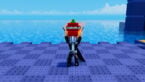 Roblox Plant Brainrot Simulator Avatar Wearing Silver Helmet Black Clothes Two Giant Swords On Back Holding Red Flame Fruit Above Head Bear Water