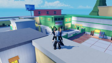 Roblox Plants Tower Defense Avatar Wearing Silver Helmet Black Clothes And Two Giant Swords On Back Standing On Gray Roof With Market Green Building In Background