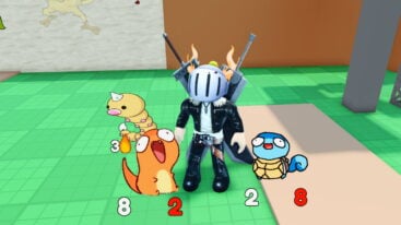 Roblox Pokedoodles Avatar Wearing Silver Helmet Black Clothing And Two Giant Swords On Back Near Three Pokedoodle One Weedle One Charmander And One Squirtle