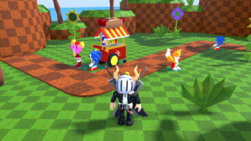 Roblox Project Sonic Td Avatar Wearing Silver Helmet Black Clothes Two Giant Swords On Back Standing Before Sonic Characters Like Sonic Tales Amy