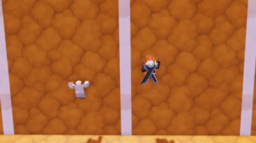 Roblox Pull Up And Climb Avatar Wearing Silver Helmet And Two Giant Swords On Back Climing A Dirt Wall Against An Old Man Npc With White Hair
