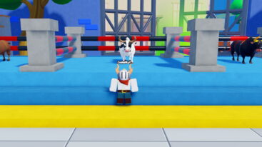 Roblox Ride A Bull Avatar Wearing A Cowboy Outfit With Red Bandana And Silver Helmet Standing In Front Of White And Black Bull