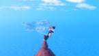 Roblox Sailor Piece Avatar Wearing Silver Helmet Holding Katana On Top Of Pointed Roof With Ocean And A Distanst Island In Background