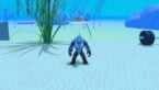 Roblox Shark Strength Simulator A Blue Muscular Shark Standing Near Giant Piece Of Grass And Weights