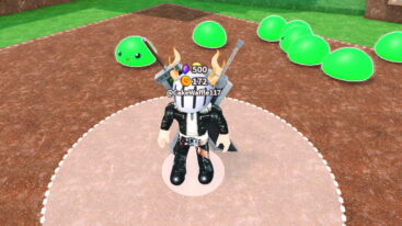 Roblox Slime Incremental Avatar Wearing Silver Helmet Black Clothes Two Giant Swords On Back Surrounded By Large Green Slimes On Dirt
