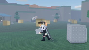 Roblox Smash A Rock Avatar Wearing Silver Helmet Black Clothes Two Giant Swords On Back While Wielding Rock Hammer Near Stone Rock And Yellow Rocks Behind