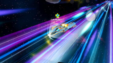 Roblox Space Ship League Race A Blue Spaceship Flying Through A Colorful Nebula