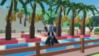 Roblox Stranded Farmers Avatar Wearing Silver Helmet Black Clothes With Two Swords On Back Holding Green Plant As Date Trees Grow Behind