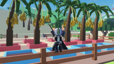 Roblox Stranded Farmers Avatar Wearing Silver Helmet Black Clothes With Two Swords On Back Holding Green Plant As Date Trees Grow Behind
