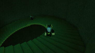 Roblox Subaru Stairs Experience Avatar Wearing Silver Helmet Climbing Climb Lit Spiral Staircase With Another Player Following Close Behind