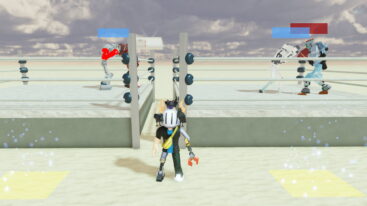 Roblox Untitled Robot Boxing Avatar Wearing Silver Helmet And Claw Arm Standing Betwee Two Boxing Rings With Two Silver Roblots Fighting In Each