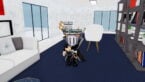 Roblox Waste Time Avatar Wearing Silver Helmet Black Clothes And Two Giant Swords On Back Holding Left Arm Over Chest In Library Room With White Sofa White Chairs And Shelves With Items On