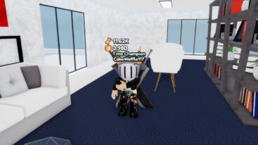 Roblox Waste Time Avatar Wearing Silver Helmet Black Clothes And Two Giant Swords On Back Holding Left Arm Over Chest In Library Room With White Sofa White Chairs And Shelves With Items On