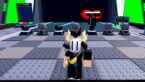 Roblox Zombie Merge Turret Defense Avatar Wearing Silver Helmet With Big Left Arm Standing Before Many Different Turrets Shooting At A Flaming Zombie