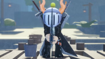 Roblox Abyss Avatar Wearing Silver Helmet Black Clothes Two Giant Swords On Back Holding Fishing Road Near Bucket On Wooden Dock