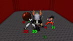 Roblox Anipixels Avatar Wearing Silver Helmet Black Clothes Two Giant Swords Goku Gojo Legs And A Candy Ball Inside A Red House