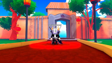 Roblox Anime All Avatar Wearing Silver Helmet Black Clothes Two Giant Swords Standing In A Red Circle Near A Orange Gate Wall With Open Entrance