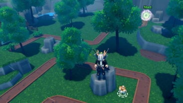 Roblox Anime Elementals Avatar Wearing Silver Helmet Black Clothes Two Giant Swords On Back Standing On Rock With Trees And Dirt Path