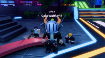 Roblox Anime Genesis Avatar Wearing Silver Helmet Black Clothes Two Giant Swords On Back Standing Near Red Curved Bench With Two Male Npcs