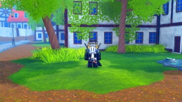 Roblox Anime Ghosts Avatar Wearing Silver Helmet Black Clothes Two Giant Swords On Back Standing On Grass Near Dirt Trees And A Houses