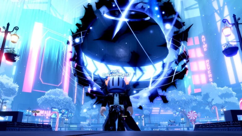 Roblox Anime Reversal Avatar Wearing Silver Helmet Black Clothes Two Giant Swords On Back Standing Before Massive Black Hole