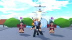 Roblox Anime Storm Simulator 2 Avatar Wearing Silver Helmet Black Clothes Two Giant Swords Standing Near Two Lady Npcs Called Snake Pirates In The Background The Masts Of A Pirate Ship And Trees