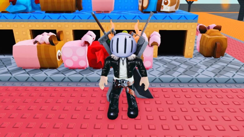 Roblox Build A Pet Factory Avatar Wearing Silver Helmet Black Clothes Two Giant Swords Standing On Red Floor As Blocky Cute Animals Move Past On A Gray Conveyor Belt