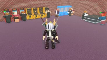Roblox Build An Arcade Avatar Wearing Silver Helmet Black Clothes Two Giant Swords On Back Standing In Purple Carpet As Npcs Play Arcade Games Claw Machines And Pong