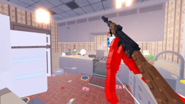 Roblox Crab Royale A Red Crab Arm Holding A Gun Overlooking A Kitchen