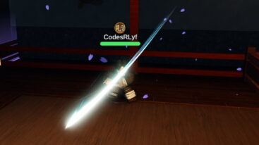 Roblox Demon Arena Avatar Wielding Sword Slicing Down Creating A Light Effect Standing On Wooden Boards