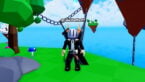 Roblox Dirt Incremental X Avatar Wearing Silver Helmet Black Clothes Two Giant Swords On Back With Chained Floating Islands Behind