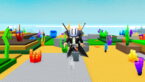 Roblox Diving For Brainrots Avatar Wearing Silver Helmet Black Clothes Two Giant Swords On Back Wearing Silver Flippers Underwater With Coral And More