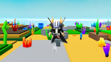 Roblox Diving For Brainrots Avatar Wearing Silver Helmet Black Clothes Two Giant Swords On Back Wearing Silver Flippers Underwater With Coral And More