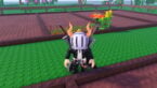 Roblox Garden Horizons Avatar Wearing Silver Helmet Black Clothes Two Giant Swords Standing Near Dirt Farm Patches With Carrots Corn And Sunflowers Growing