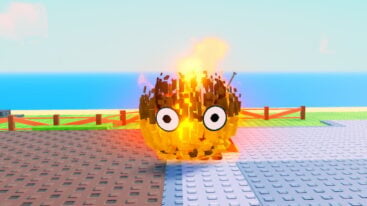 Roblox Grow A Fire A Yellow A Brown Fire With Giant White Eyes And Black Pupils Standing Near Fence