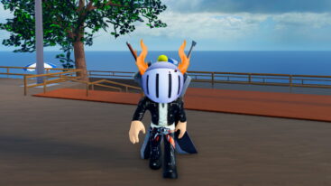 Roblox Hitmark Avatar Wearing Silver Helmet Black Clothes Two Giant Swords On Back Standing Near Ocean Trees And More