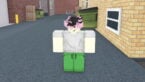 Roblox Hood Wars Avatar With Black Hair And Pink Hlighlights Wearing White Top Green Pants Standing In Alleyway Near Green Dumpster