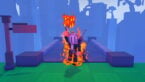 Roblox My Dice Collector Avatar Wearing Silver Helmet Black Clothes Two Giant Sword Encased In A Fire Aura Holding A Fire Dice Above Head Near A Stone Bridge