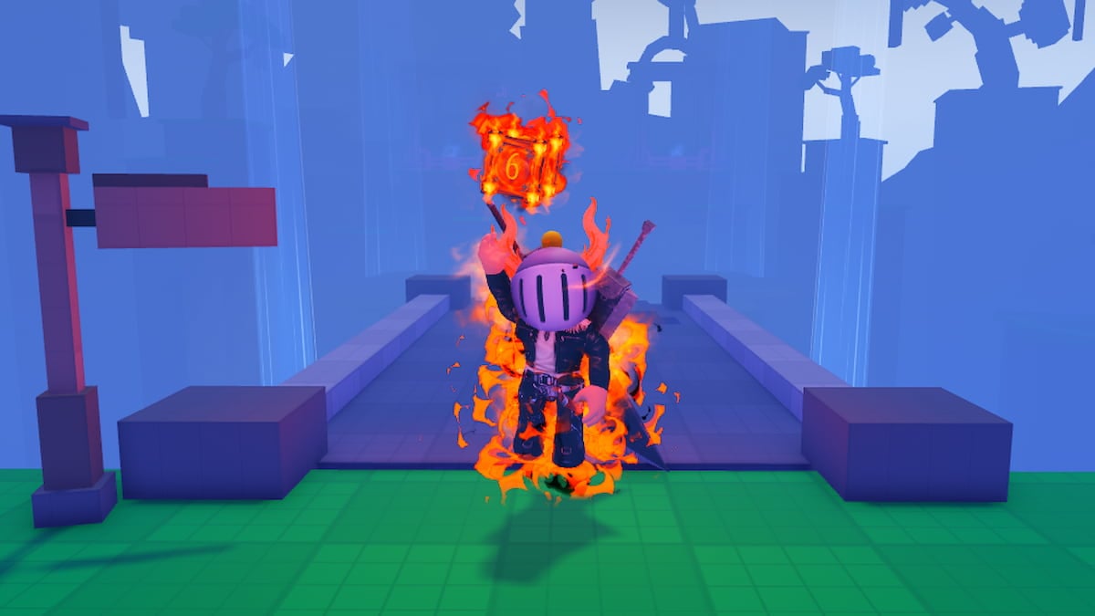 My Dice Collector Codes March 2026 Try Hard Guides Roblox My Dice Collector Avatar Wearing Silver Helmet Black Clothes Two Giant Sword Encased In A Fire Aura Holding A Fire Dice Above Head Near A Stone Bridge 
