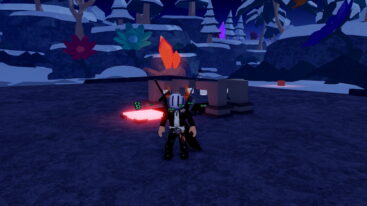 Roblox Reincarnated Avatar Wearing Silver Helmet Black Clothes Two Giant Swords Standing Near Stone Droppers With Red Light With Snowy Trees And Mountains Behind