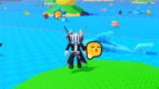 Roblox Sail For Brainrots Avatar Wearing Silver Helmet Black Clothes Two Giant Swords On Back Standing On Grassy Island Surrounded By Water As Shards And Brainrots Swim