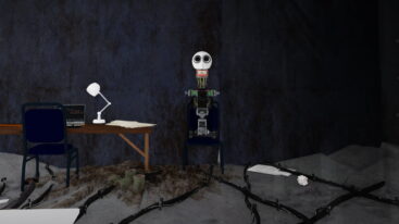 Roblox Self Aware Robot A Roboto Torso And Creepy White Big Eyed Robot Head Sitting On A Chair Near A Table With Laptop White Light And Blue Chair