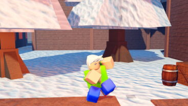 Roblox Slayerbound White Haired Green Shirt Blue Pants Wearing Avatar Dancing Near Snow Trees And Barrels