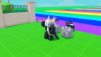 Roblox Spear Training Avatar Wearing Silver Helmet Black Clothes Two Giant Swords On Back Holding A Yellow Tipped Spear With Uncommon Mouse Rare Penguin Behind Near Rainbow Lines