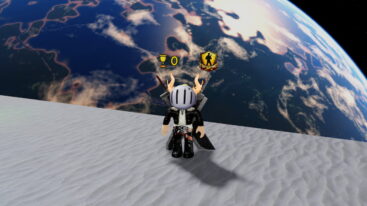 Roblox Survive Zombie Arena Avatar Wearing Silver Helmet Black Clothes Two Giant Swords On Back Standing On White Sand With Giant Earth In Background